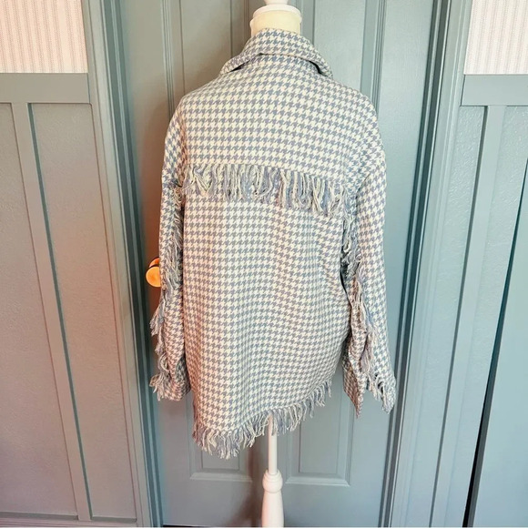 Shero Houndstooth Tassel Trim Blue and White Fringe Shacket Jacket - Picture 9 of 13
